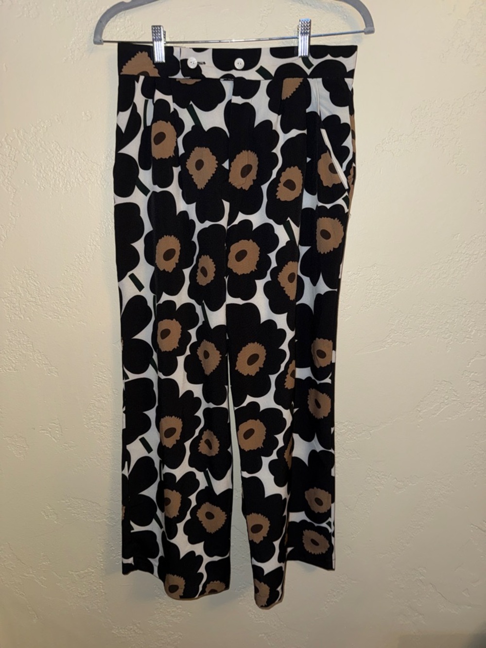 8:10 Black Brown Floral Print Wide Leg High Rise Pants Flowy Resort Pockets Sz M